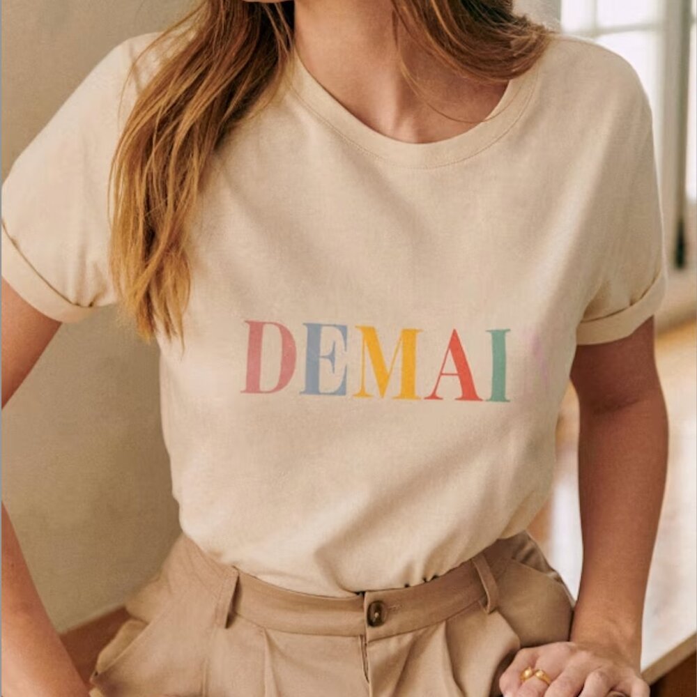 Sezane Cream 'DEMAI' Short Sleeve Tee with Pastel Multicolor Logo